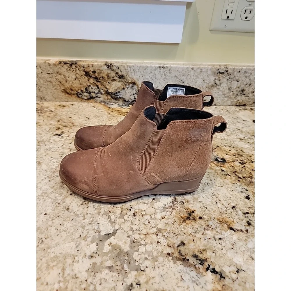SOREL EVIE PULL ON ANKLE WOMEN BOOTIE SIZE 7.5 TAN DISTRESSED LEATHER